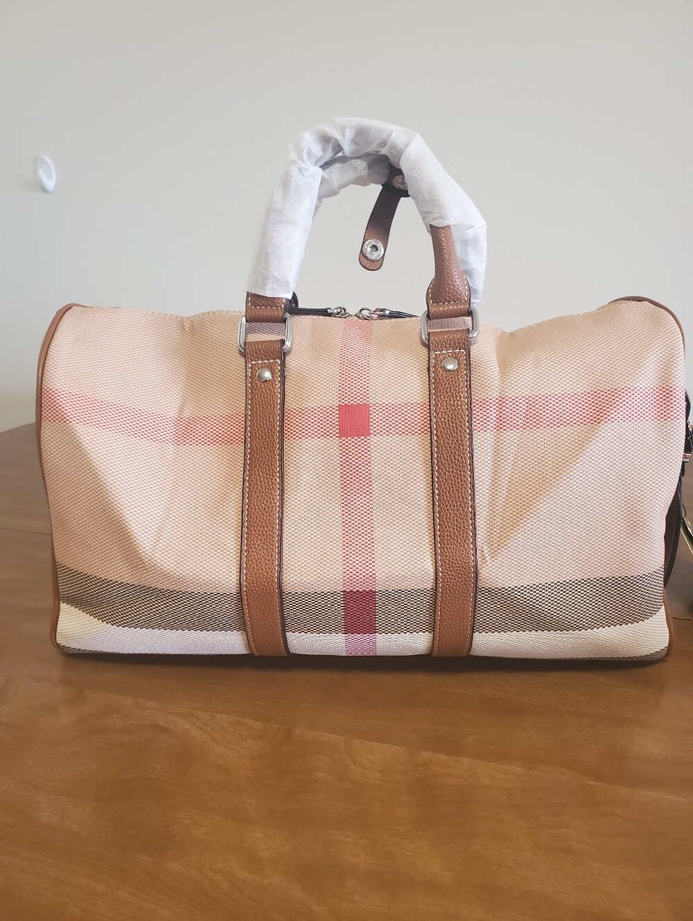 Classic Beige Check Travel Duffel with Brown Trim